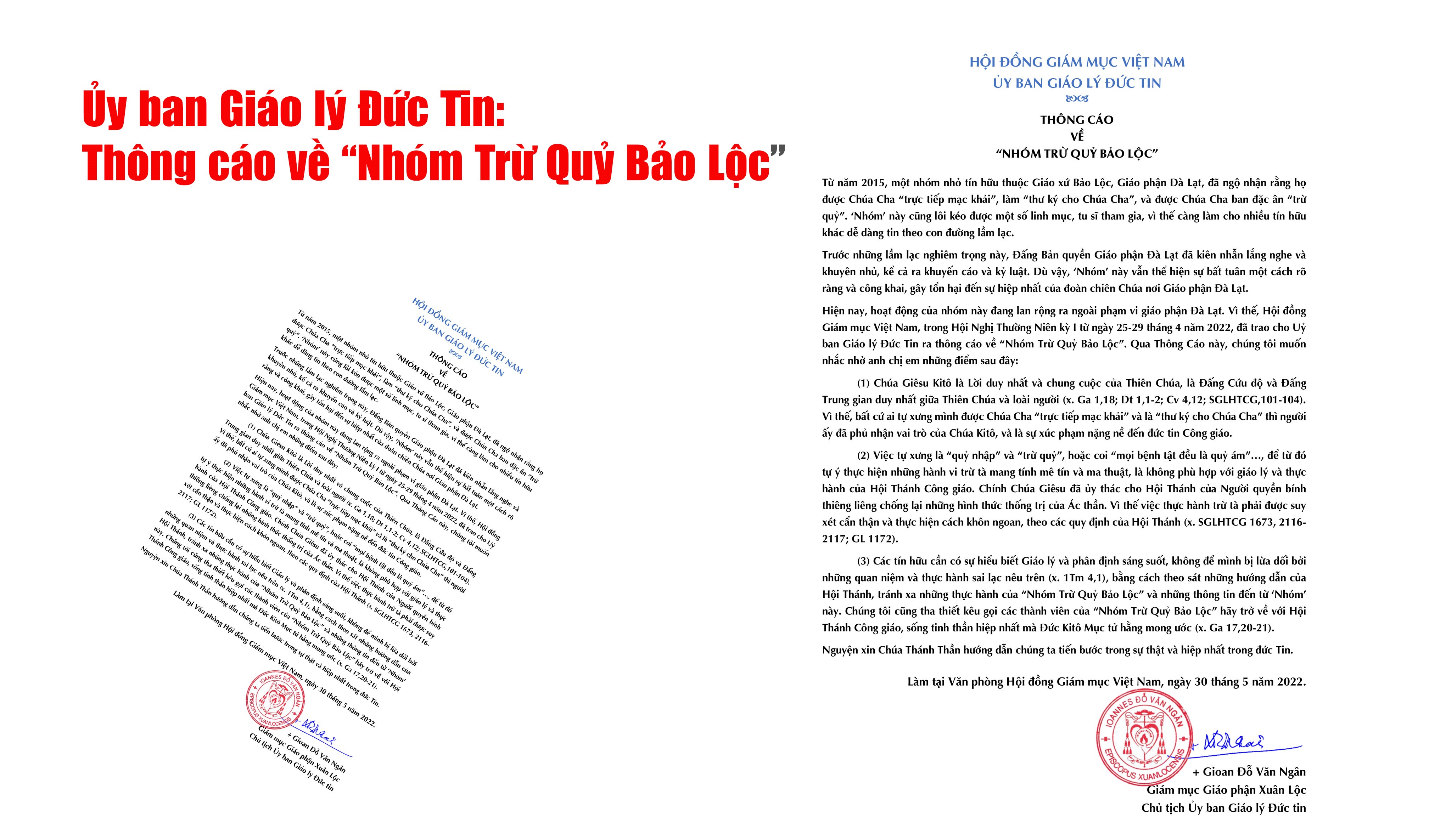 ỦY BAN GIÁO LÝ ĐỨC TIN: THÔNG CÁO VỀ “NHÓM TRỪ QUỶ BẢO LỘC”